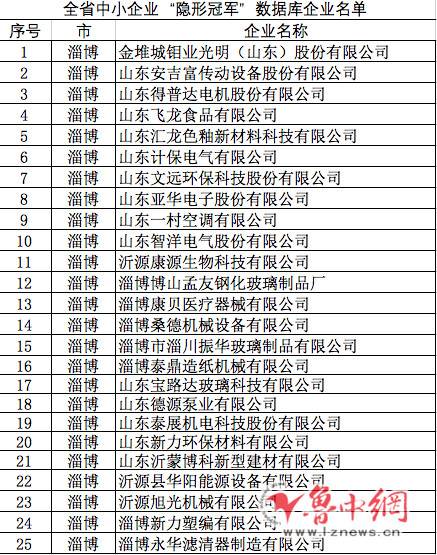 淄博25家企业入选全省首批中小企业隐形冠军
