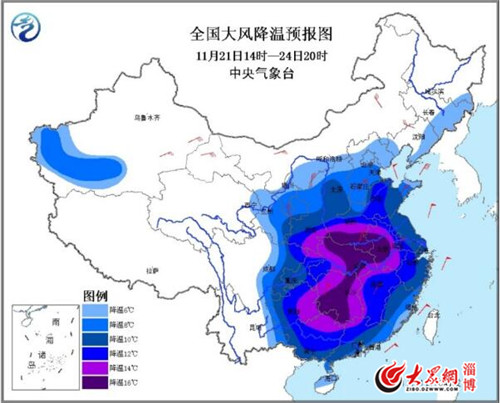 全国大风降温预报图